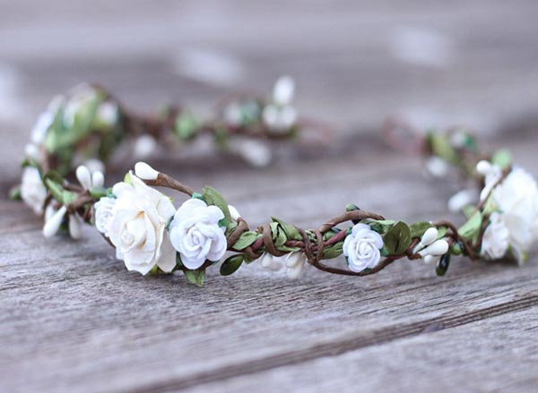 White Flower Crown Bridal Headpiece Ivory Wedding Rose Hair Garland